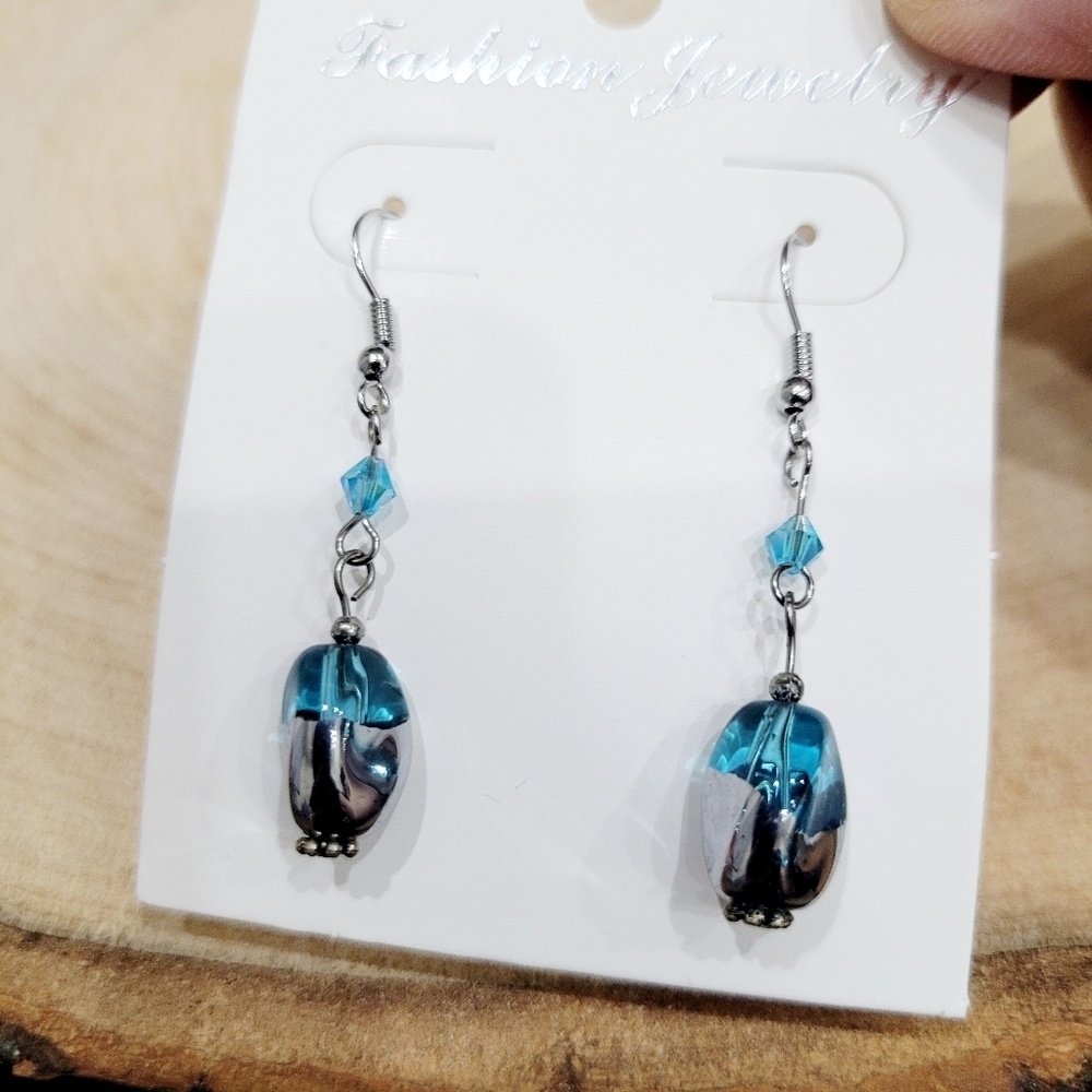 Brand New Silver Tone Blue Stone Dangle Rhinestone Earrings